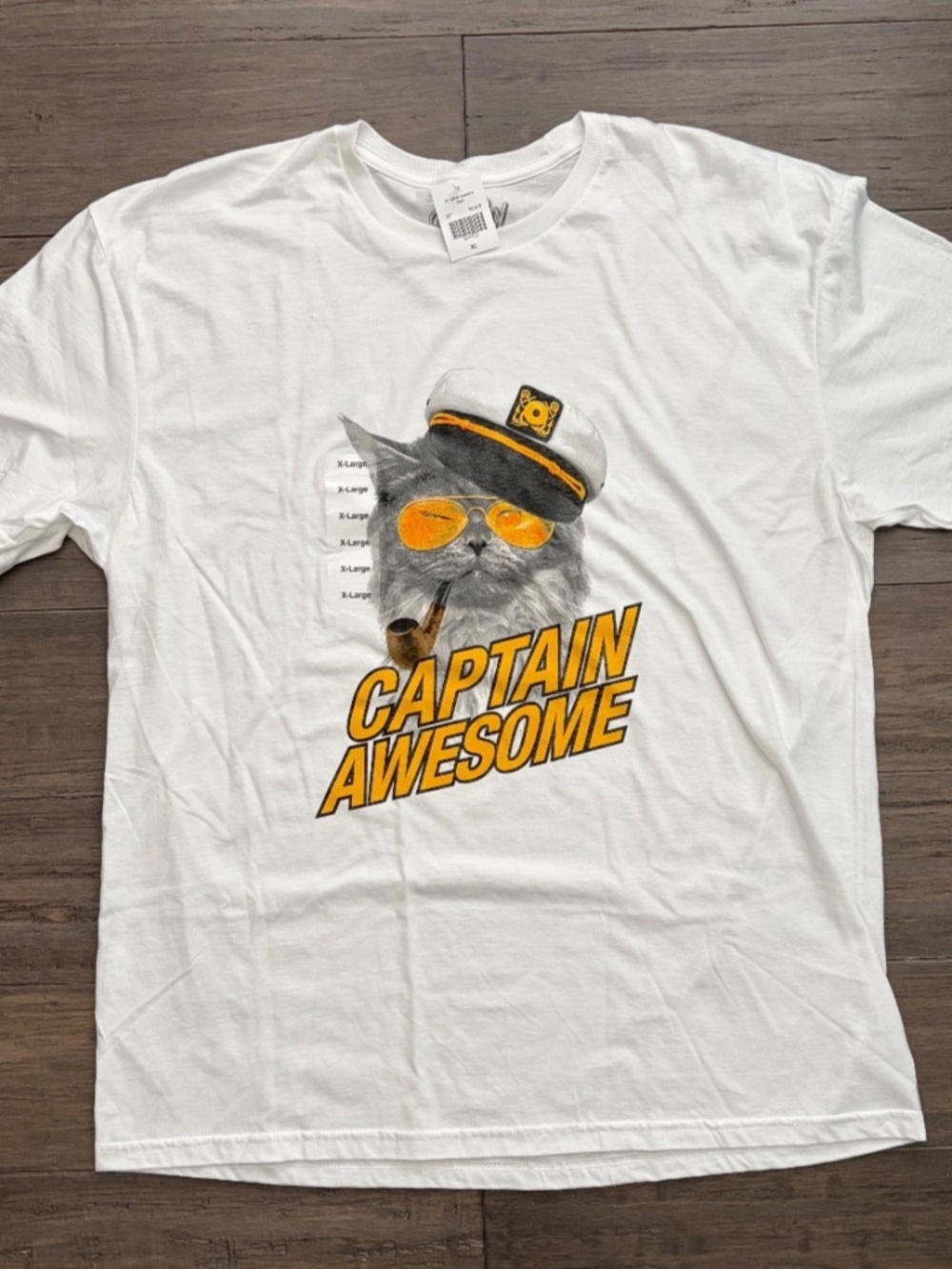 NEW Captain Awesome T-Shirt White Cat Captain's Hat XL Unisex Funny Novelty Tee